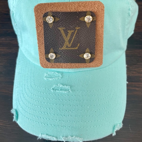 Upcycled Luxury Brand Distressed Dusty Blue Baseball Hat - Picture 2 of 3
